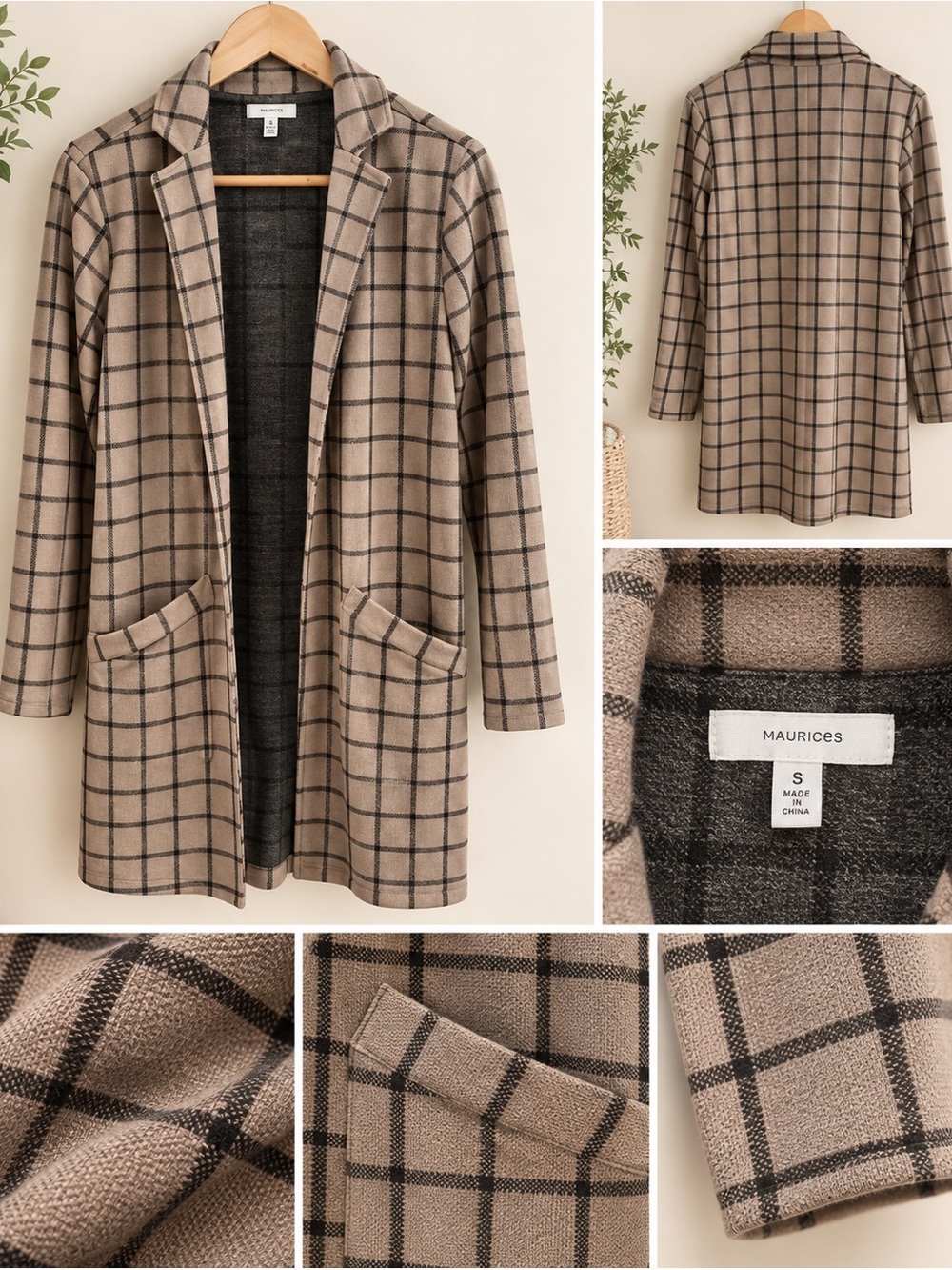 Taupe and Black Windowpane Plaid Duster  Coatigan